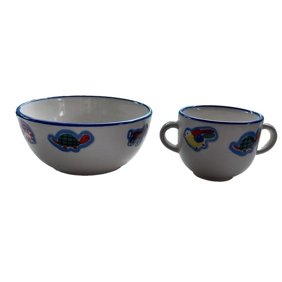 Vintage Child's 2 Handle Cup & Bowl Made in Italy Handpainted Animals Ceramic - Picture 1 of 15